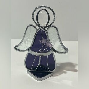 VTG Stained Glass Angel Purple Flower Bouquet Made by Bavarian Inn Frankenmuth